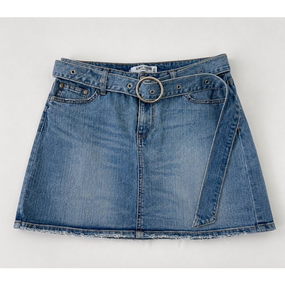 Almost Famous Denim Mini Skirt with Belt – Medium Wash – Size M – Y2K Jean Skirt